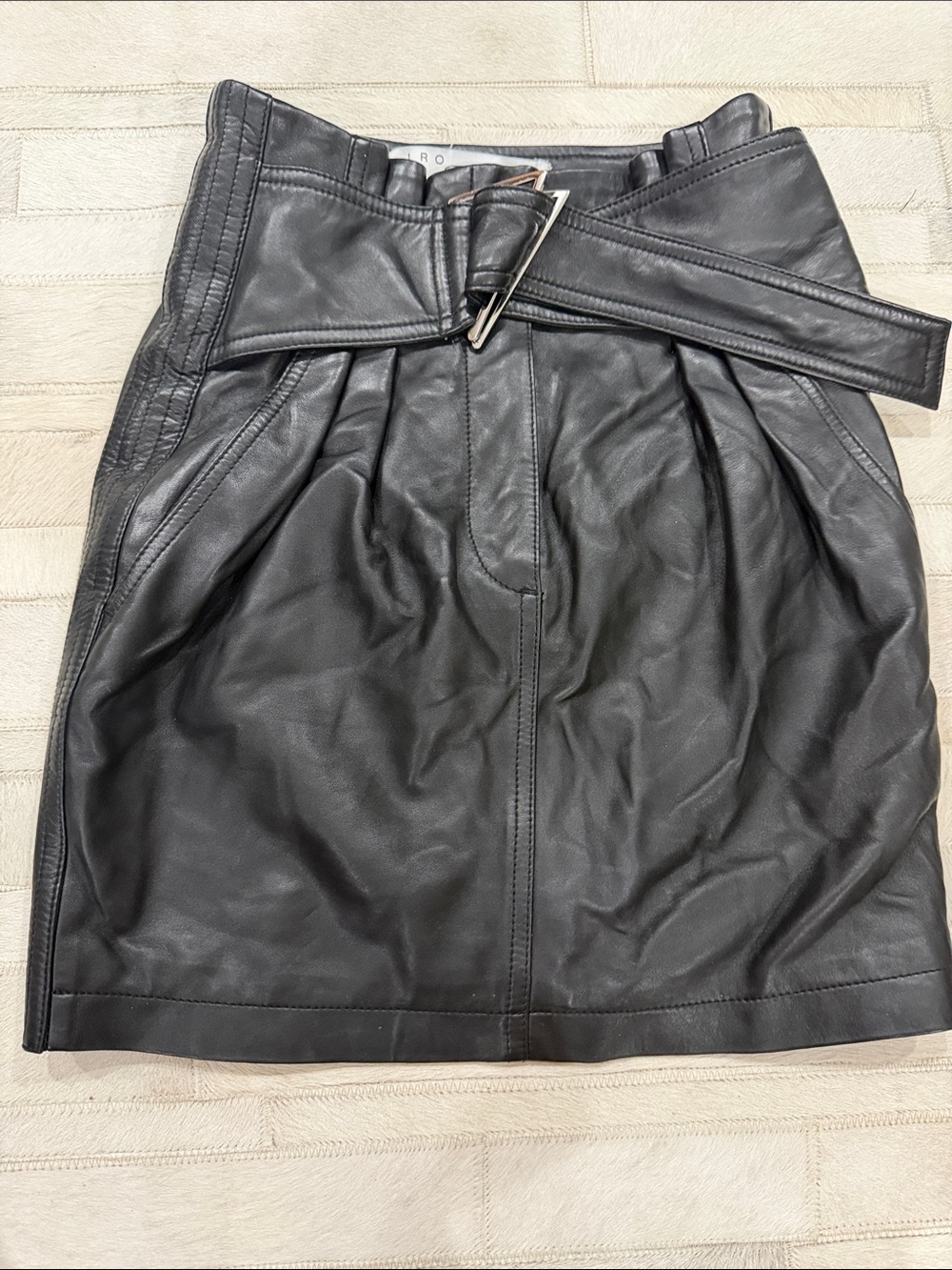 IRO Black Leather Mini Skirt with Build in belt